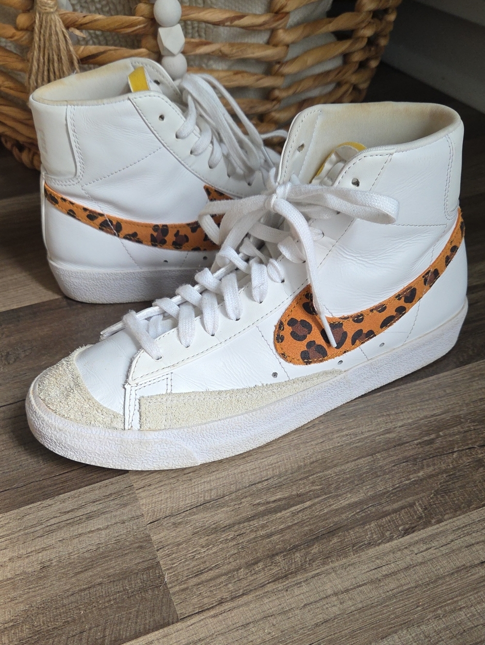 Nike Blazer 77 White High-Top Sneakers with Leopard-Print  Swoosh